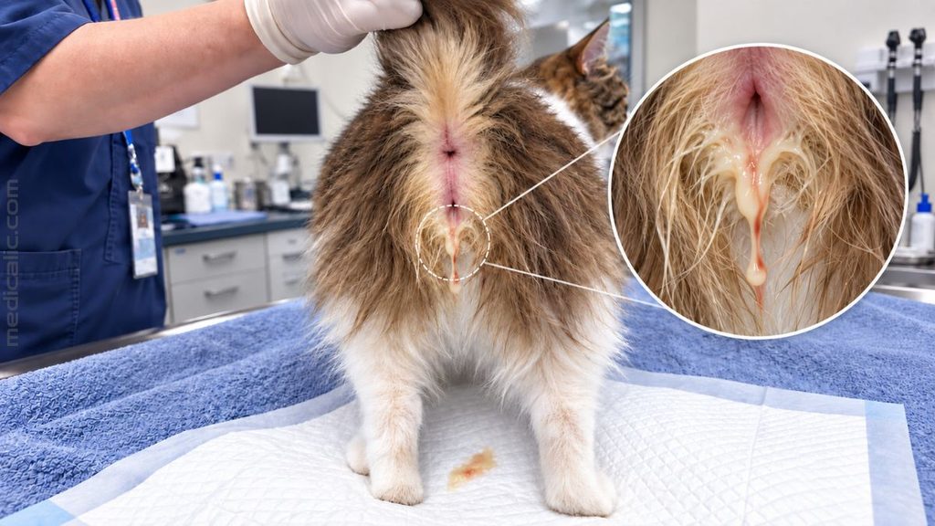 Female cat with thick yellow purulent vulvar discharge consistent with open pyometra during a veterinary examination.