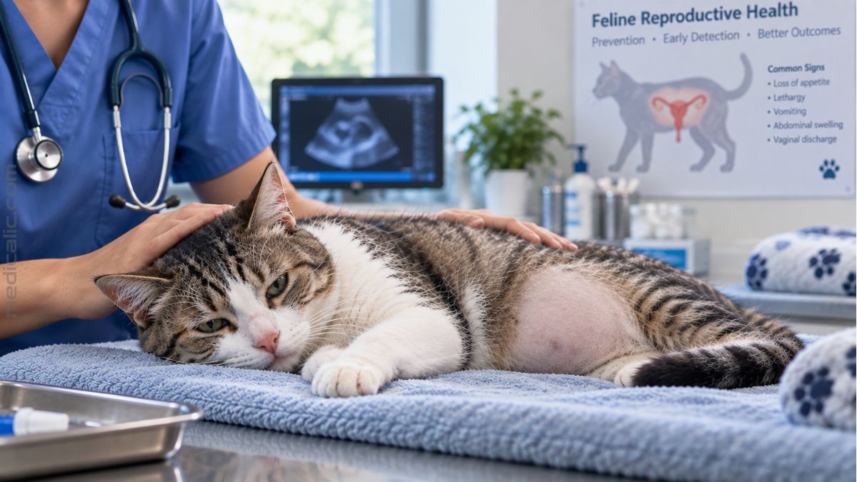 Veterinarian examining a lethargic female cat with a swollen shaved abdomen for suspected pyometra in a veterinary clinic.