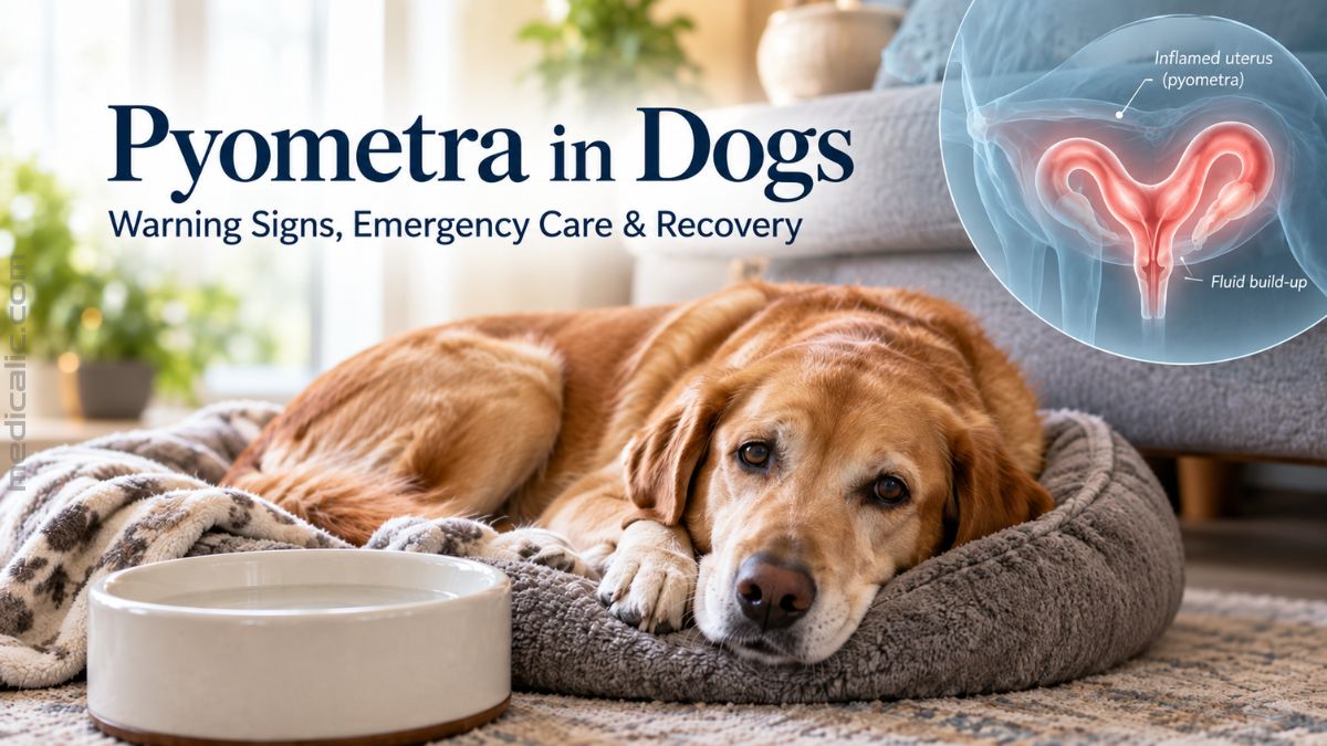 Female dog resting beside a water bowl with an illustration of an inflamed uterus showing pyometra and fluid buildup.
