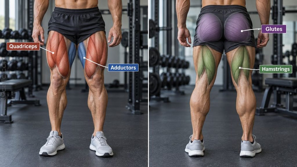 Front and back thigh muscle anatomy showing the quadriceps, adductors, hamstrings, and glutes.