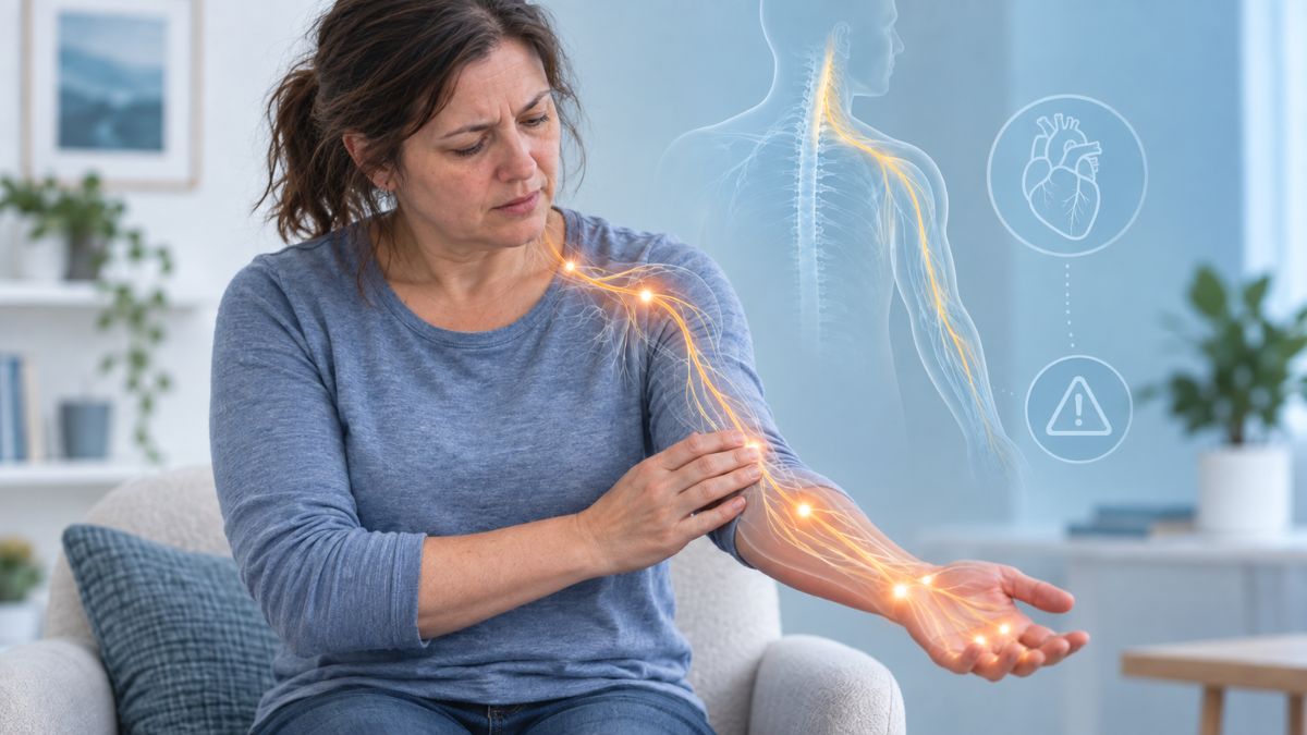 Woman sitting at home and gently holding her left arm after feeling tingling and discomfort.