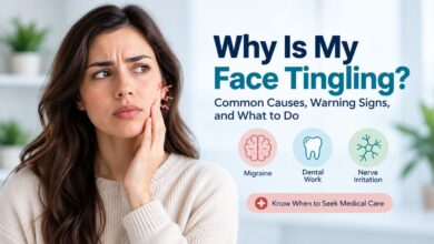Woman touching her cheek with facial tingling symptoms and common causes