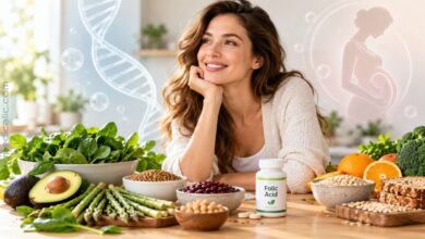 Woman with folate-rich foods and folic acid supplement, highlighting folic acid benefits for women