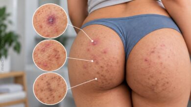 Close-up of acne-like bumps and dark spots on the buttocks, with magnified views showing inflamed bumps and skin texture.