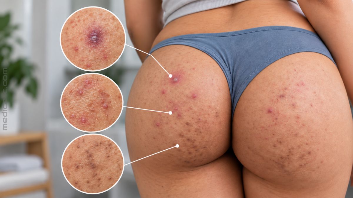 Close-up of acne-like bumps and dark spots on the buttocks, with magnified views showing inflamed bumps and skin texture.