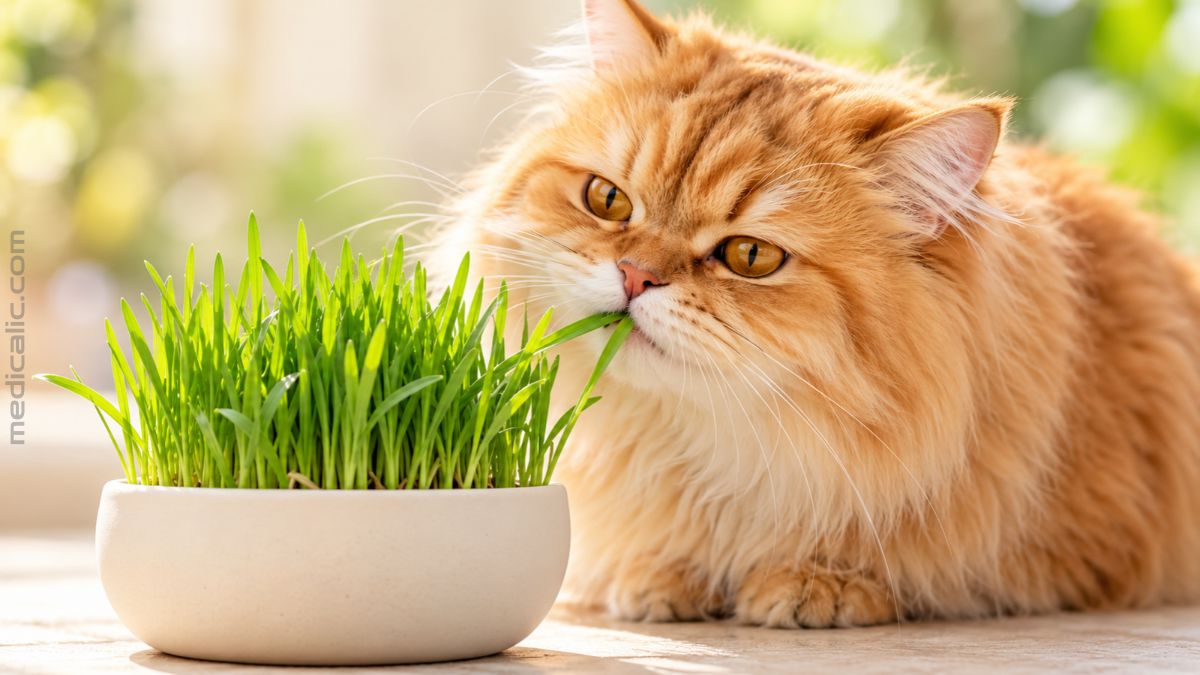 A fluffy ginger cat nibbling fresh green cat grass from a cream-colored pot.
